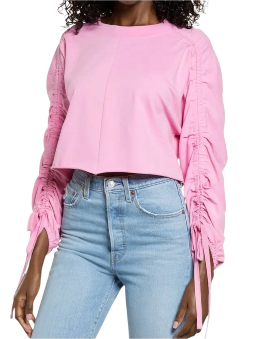 OPEN EDIT Ruched Sleeve Cropped Sweatshirt Pink Crayon